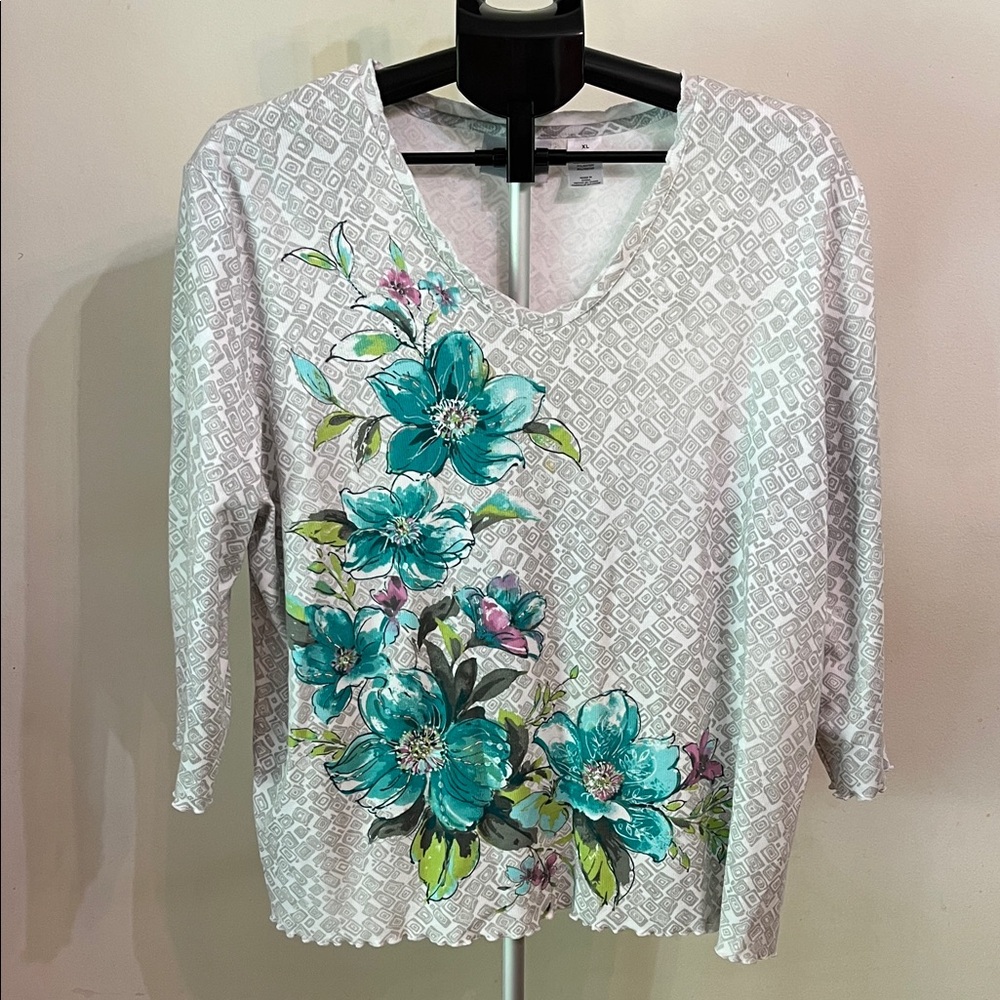 Alfred Dunner Teal Floral Blouse - White